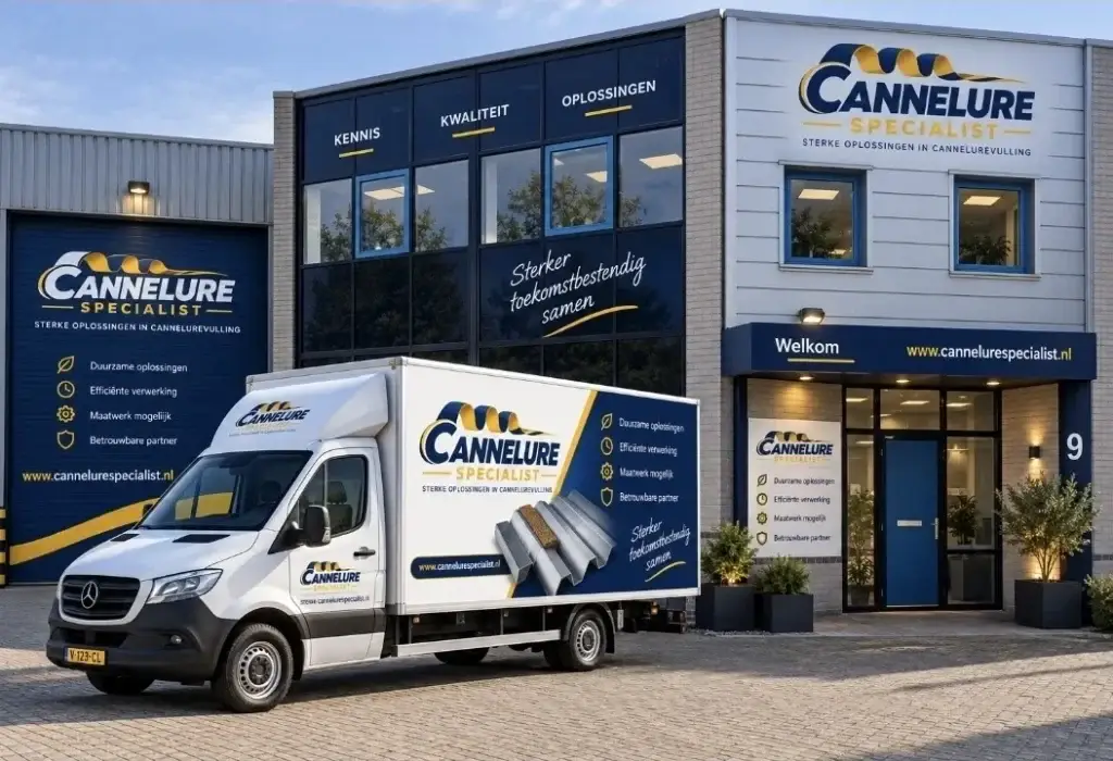 Bedrijfspand en bedrijfswagen in de huisstijl van Cannelure Specialist